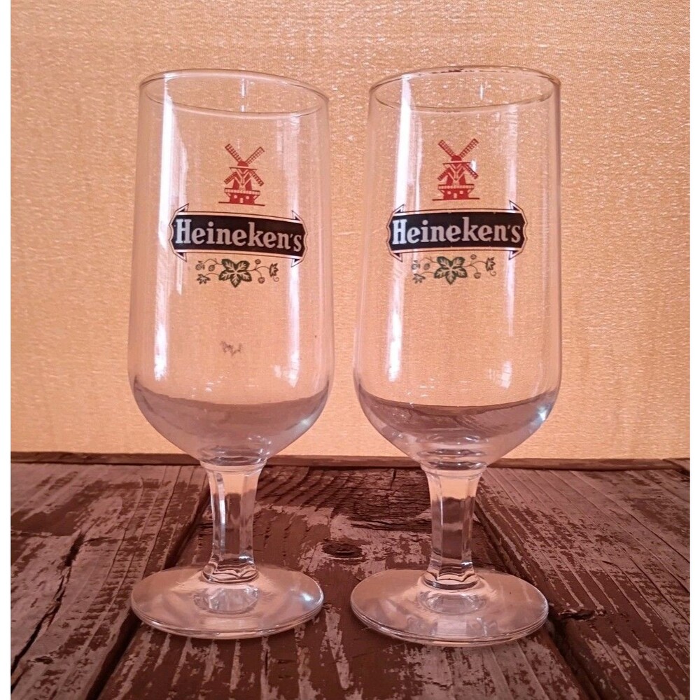 2pc Vintage Heineken 10oz Gold Rimmed Stemmed Beer Glass Set 1970's